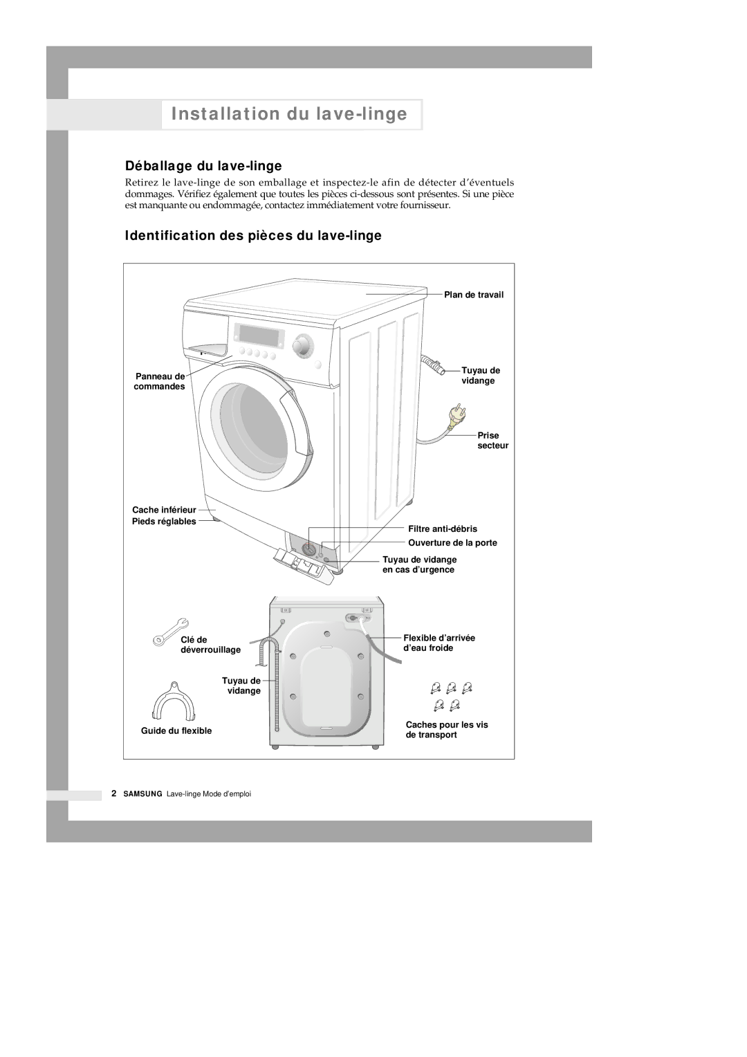 Samsung Q1435VGW1/YLE manual Installation du lave-linge, Déballage du lave-linge, Identification des pièces du lave-linge 