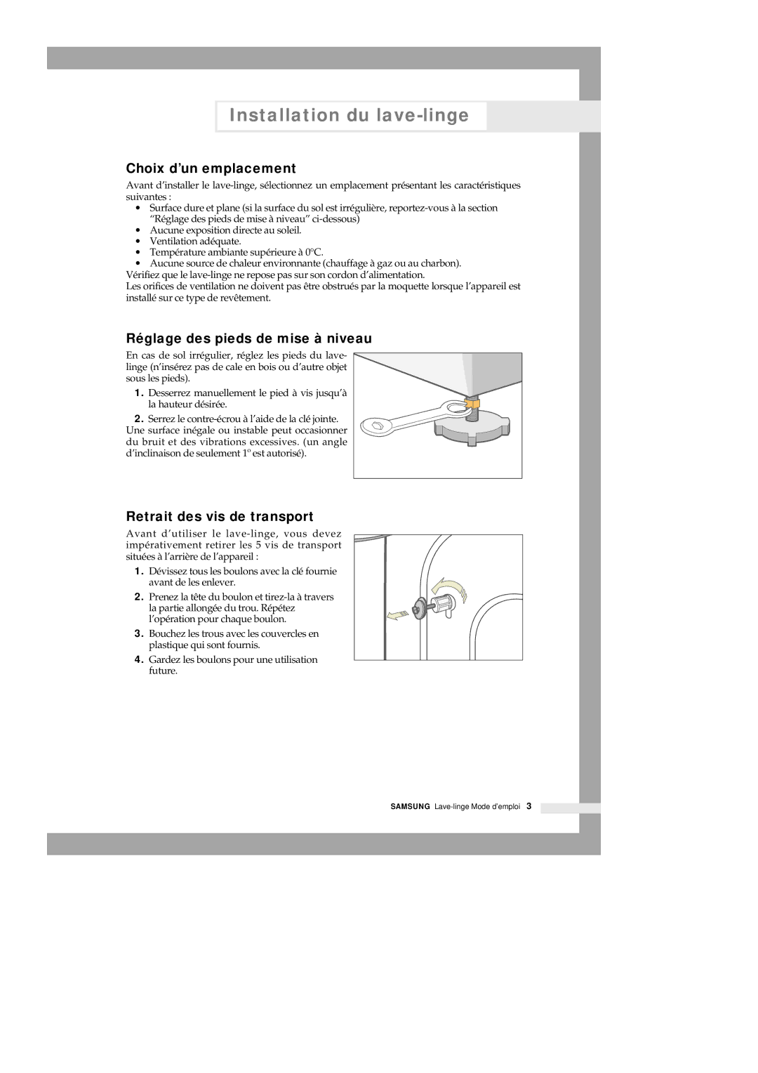 Samsung Q1435VGW1/XEF manual Choix d’un emplacement, Réglage des pieds de mise à niveau, Retrait des vis de transport 