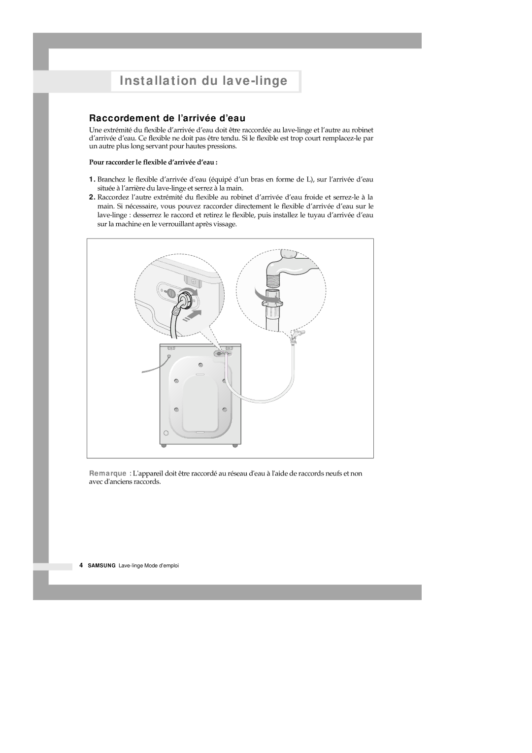 Samsung Q1636VGW/XEF, Q1435VGW1/YLE manual Raccordement de l’arrivée d’eau, Pour raccorder le flexible d’arrivée d’eau 