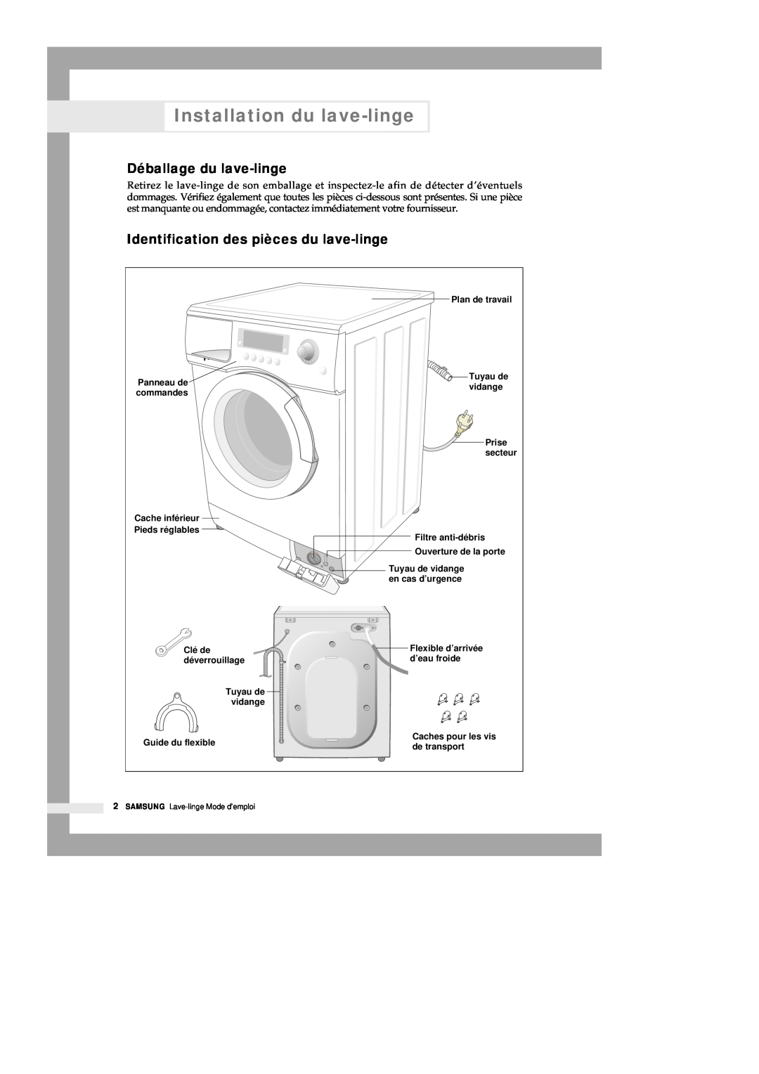 Samsung Q1435VGW1/YLE manual Installation du lave-linge, Déballage du lave-linge, Identification des pièces du lave-linge 