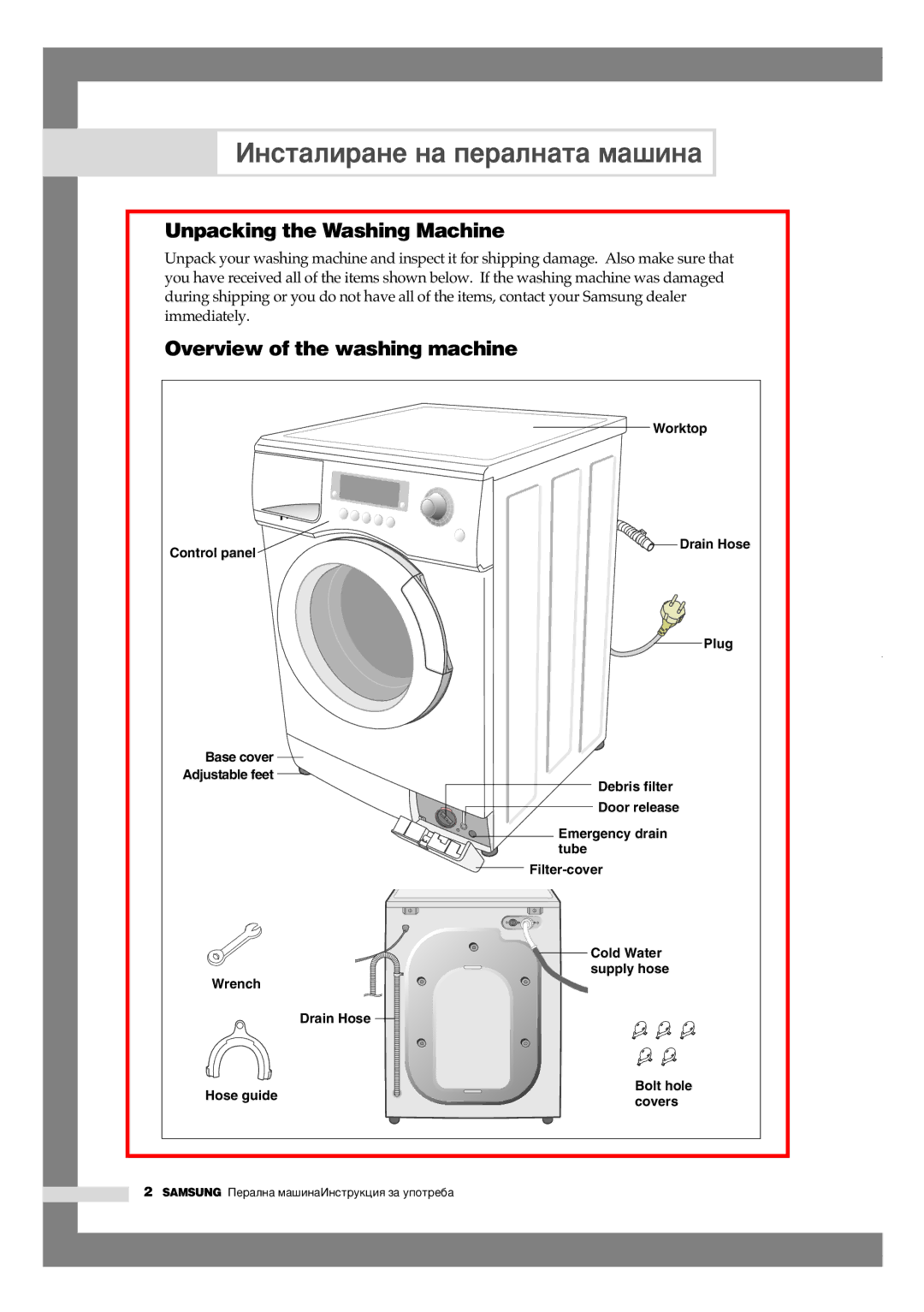 Samsung Q1435VGW1/YLU Àìòú‡Îë‡Ìâ Ì‡ Ôâ‡Îì‡Ú‡ Ï‡¯Ëì‡, Unpacking the Washing Machine, Overview of the washing machine 