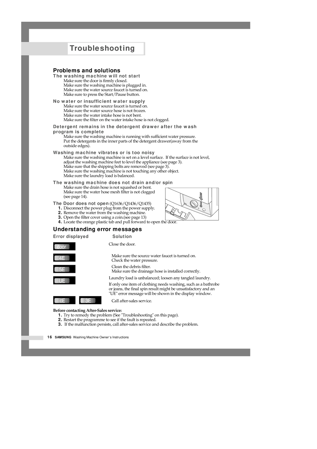 Samsung Q1235VGW1-XEE, Q1435VGW1/YLU, Q1435VGW1-XEE Troubleshooting, Problems and solutions, Understanding error messages 