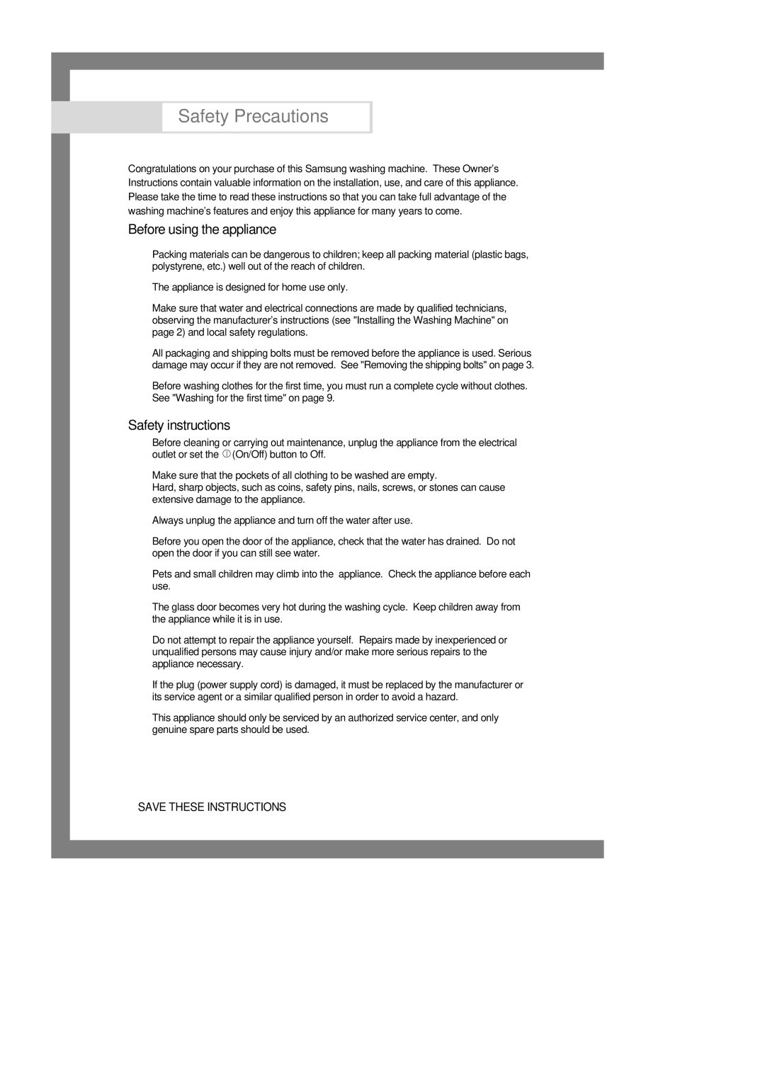 Samsung Q1636VGW/YLU, Q1435VGW1/YLU, Q1435VGW1-XEE, Q1435VGW1-XEH manual Before using the appliance, Safety instructions 