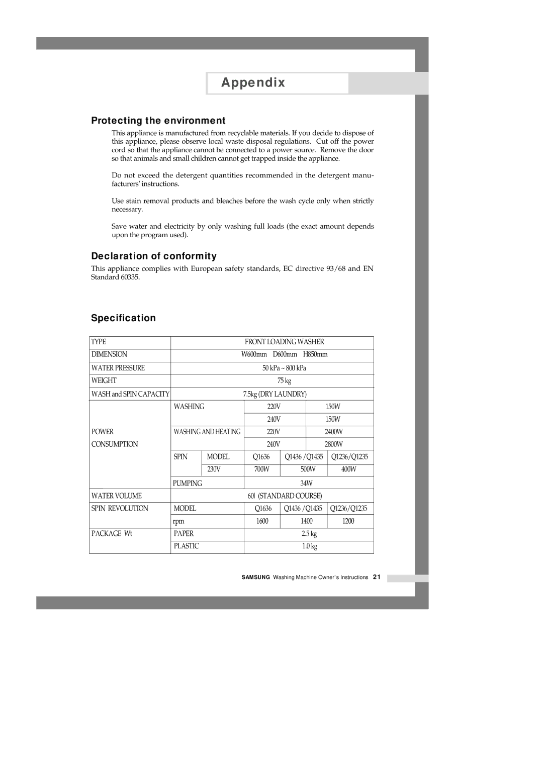 Samsung Q1435VGW1-XEH, Q1435VGW1/YLU, Q1435VGW1-XEE Protecting the environment, Declaration of conformity, Specification 