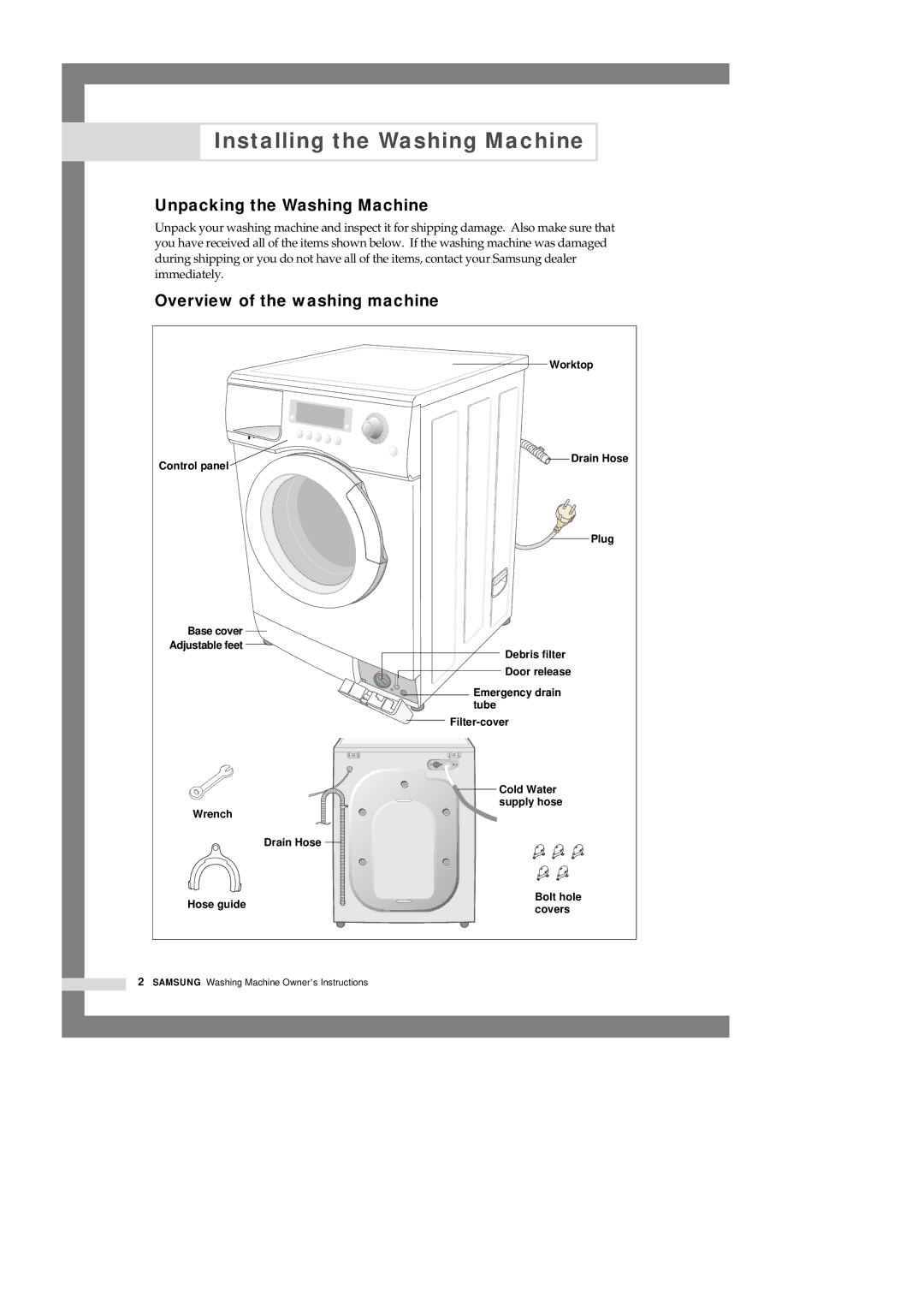 Samsung Q1636VGW/XEU manual Installing the Washing Machine, Unpacking the Washing Machine, Overview of the washing machine 