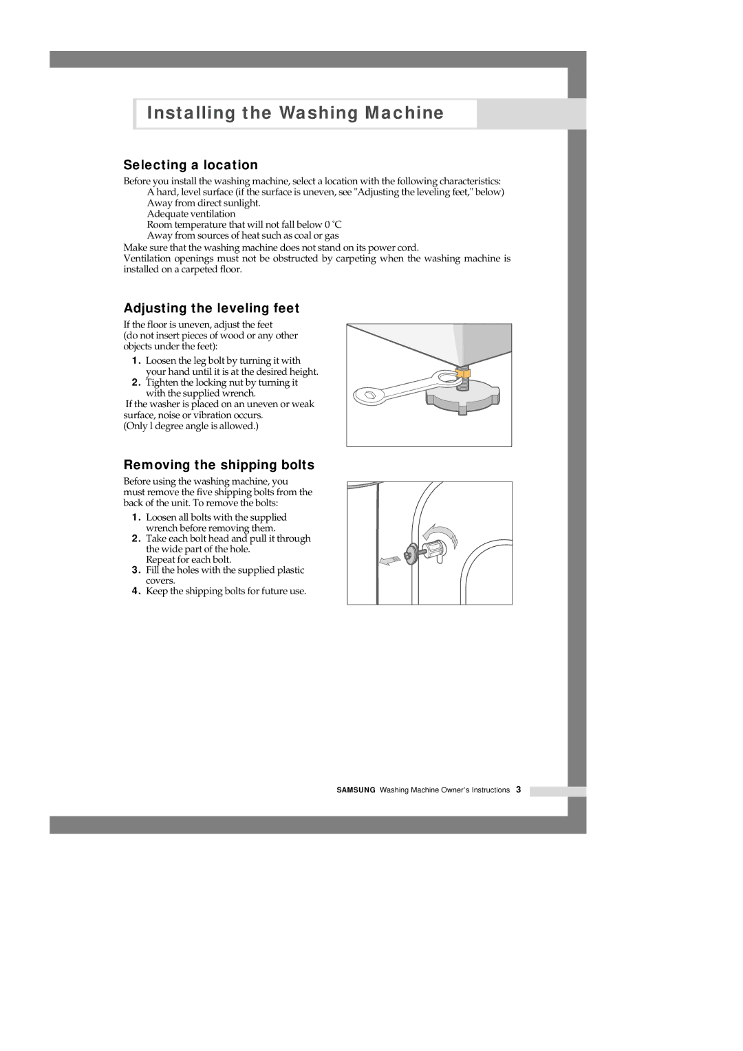 Samsung Q1636VGW1/YLU, Q1435VGW1/YLU manual Selecting a location, Adjusting the leveling feet, Removing the shipping bolts 