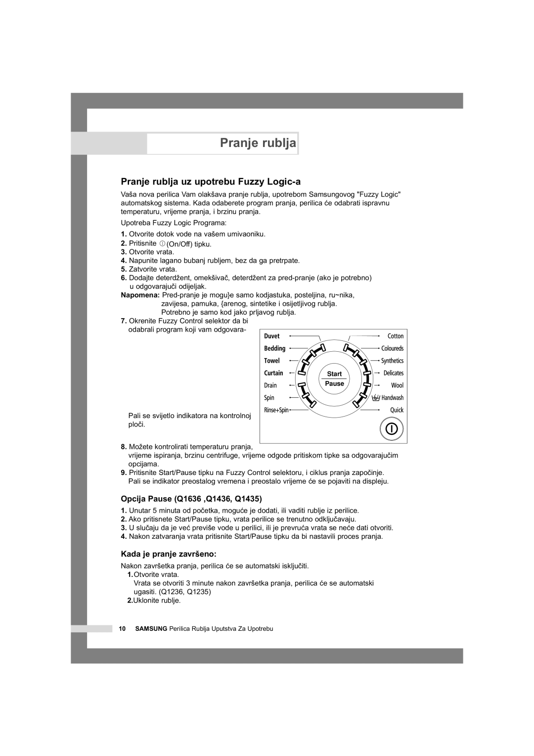 Samsung Q1435VGW1/YLU, Q1435VGW1/YLG manual Pranje rublja uz upotrebu Fuzzy Logic-a, Opcija Pause Q1636 ,Q1436, Q1435 