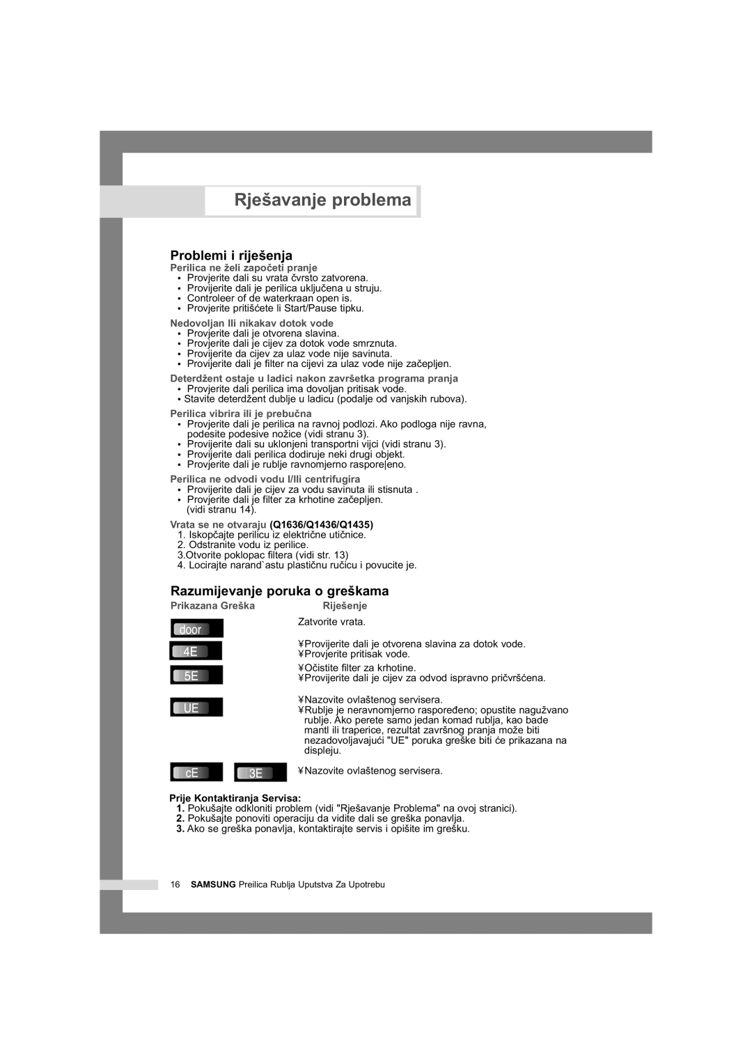 Samsung Q1435VGW1/YLU Rjeavanje problema, Problemi i rijeenja, Razumijevanje poruka o grekama, Prije Kontaktiranja Servisa 