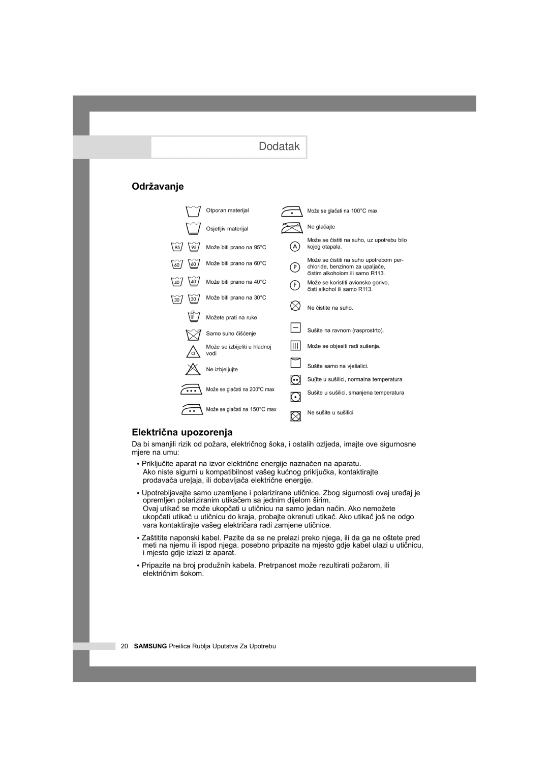 Samsung Q1435VGW1/YLU, Q1435VGW1/YLG manual Odr¥avanje, Elektriïna upozorenja 