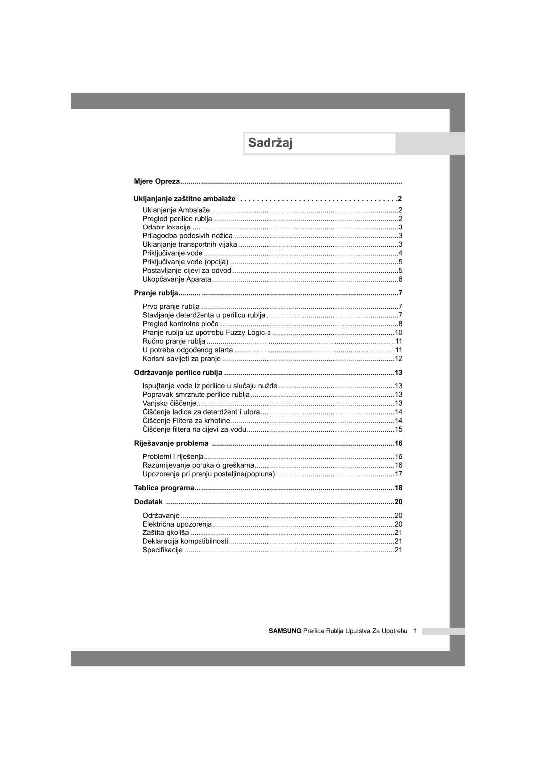 Samsung Q1435VGW1/YLG, Q1435VGW1/YLU manual Sadr¥aj, Ukljanjanje zatitne ambala¥e 