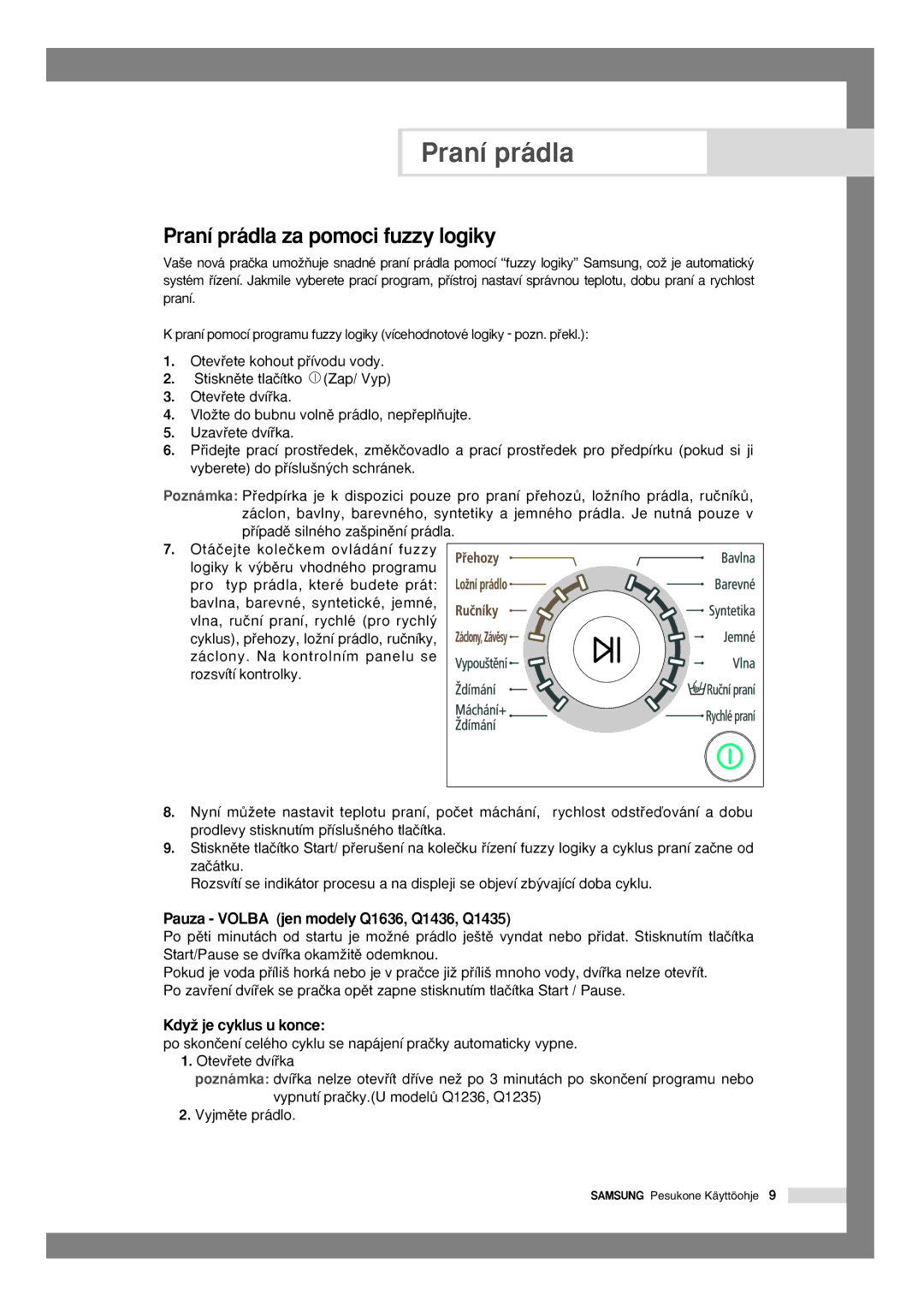 Samsung Q1636VGW/YLU, Q1435VGW1/YLU manual Praní prádla za pomoci fuzzy logiky, Pauza Volba jen modely Q1636, Q1436, Q1435 