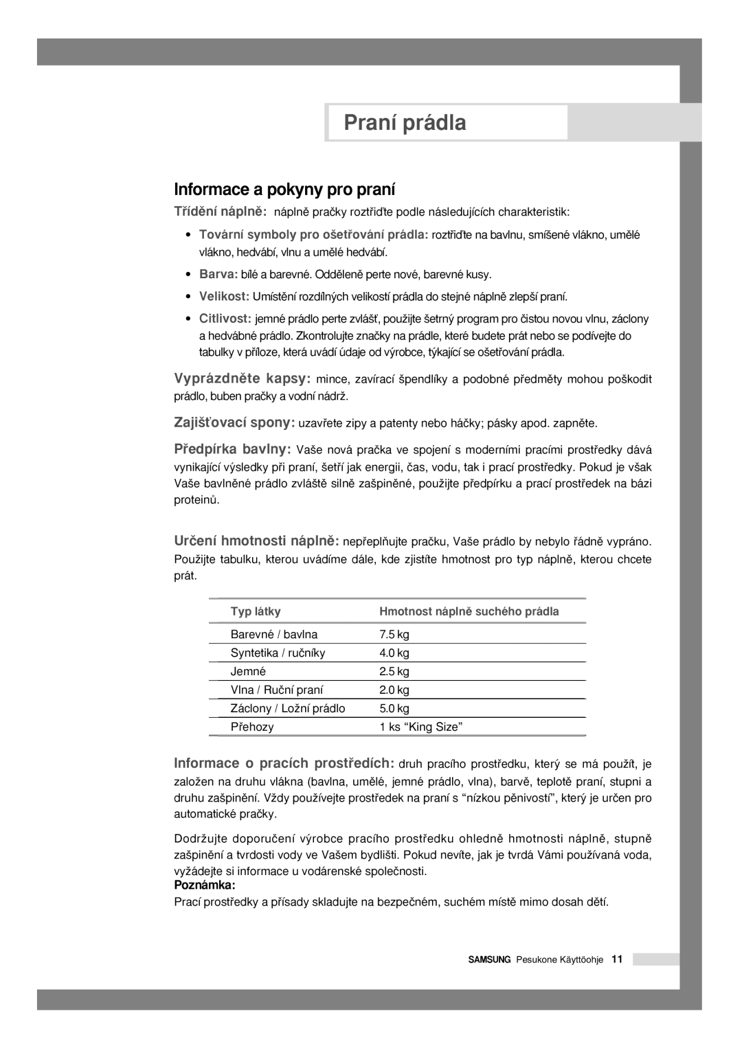 Samsung Q1636VGW/XEU, Q1435VGW1/YLU, Q1636VGW/YLU, Q1435VGW1-XEH, Q1636VGW1/YLU manual Informace a pokyny pro praní, Poznámka 