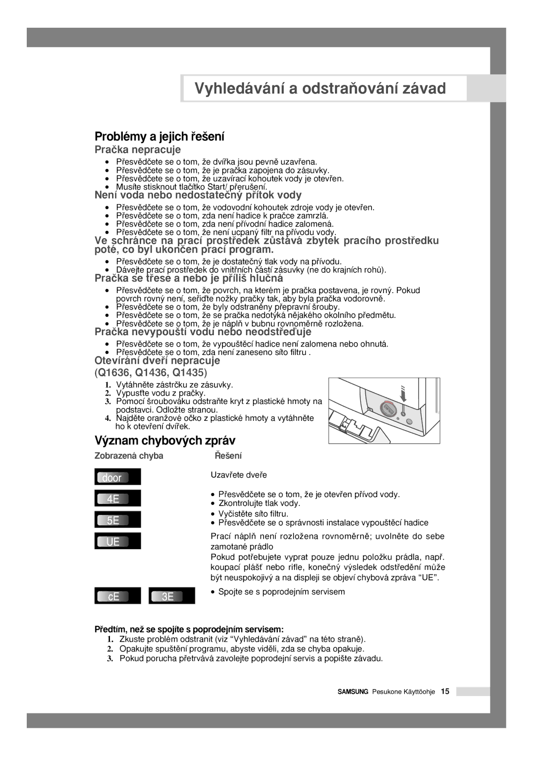 Samsung Q1435VGW1-XEH, Q1435VGW1/YLU Vyhledávání a odstraÀování závad, Problémy a jejich ﬁe‰ení, ˘znam chybov˘ch zpráv 