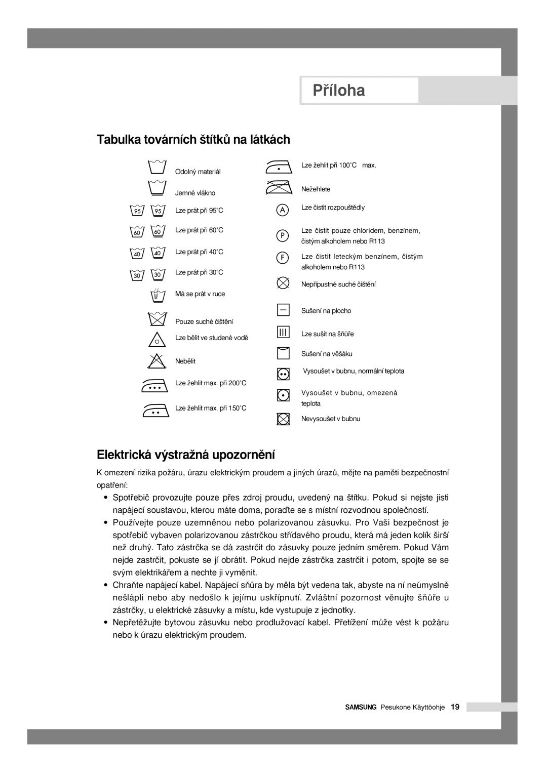 Samsung Q1636VGW/YLU, Q1435VGW1/YLU, Q1435VGW1-XEH, Q1636VGW/XEU, Q1636VGW1/YLU manual Pﬁíloha, Elektrická v˘straÏná upozornûní 