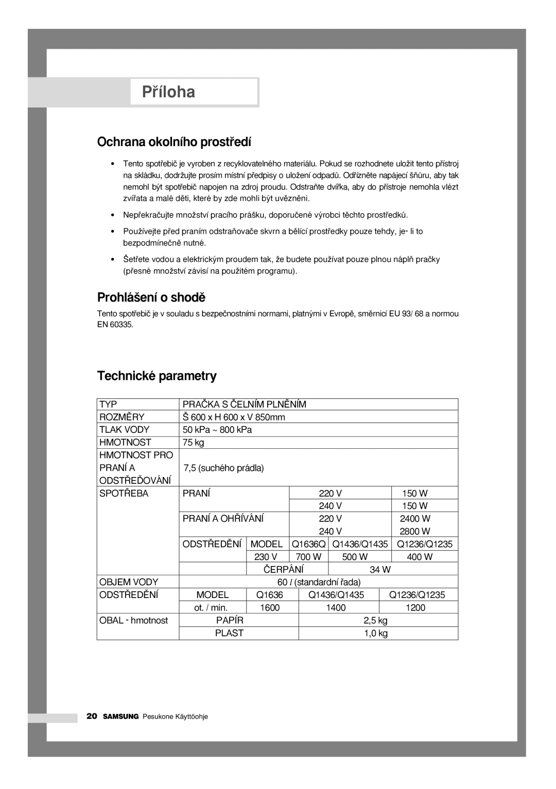 Samsung Q1435VGW1-XEH, Q1435VGW1/YLU, Q1636VGW/YLU manual Ochrana okolního prostﬁedí, Prohlá‰ení o shodû, Technické parametry 