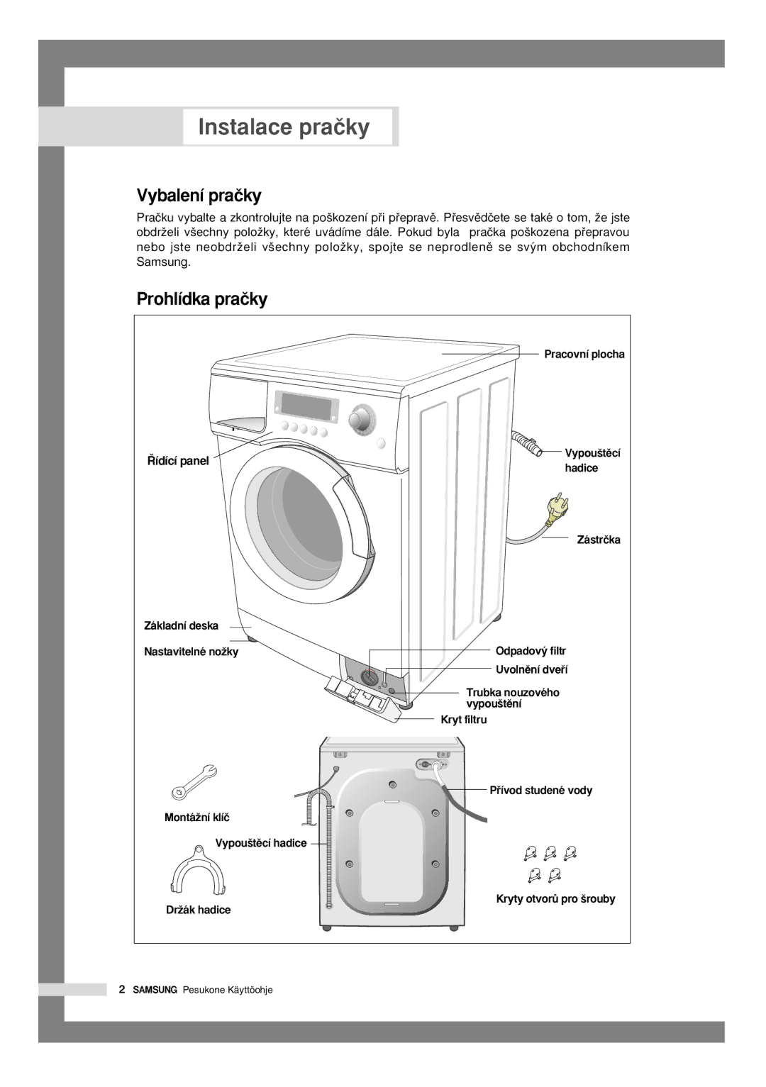 Samsung Q1636VGW1/YLU, Q1435VGW1/YLU, Q1636VGW/YLU, Q1435VGW1-XEH manual Instalace praãky, Vybalení praãky, Prohlídka praãky 