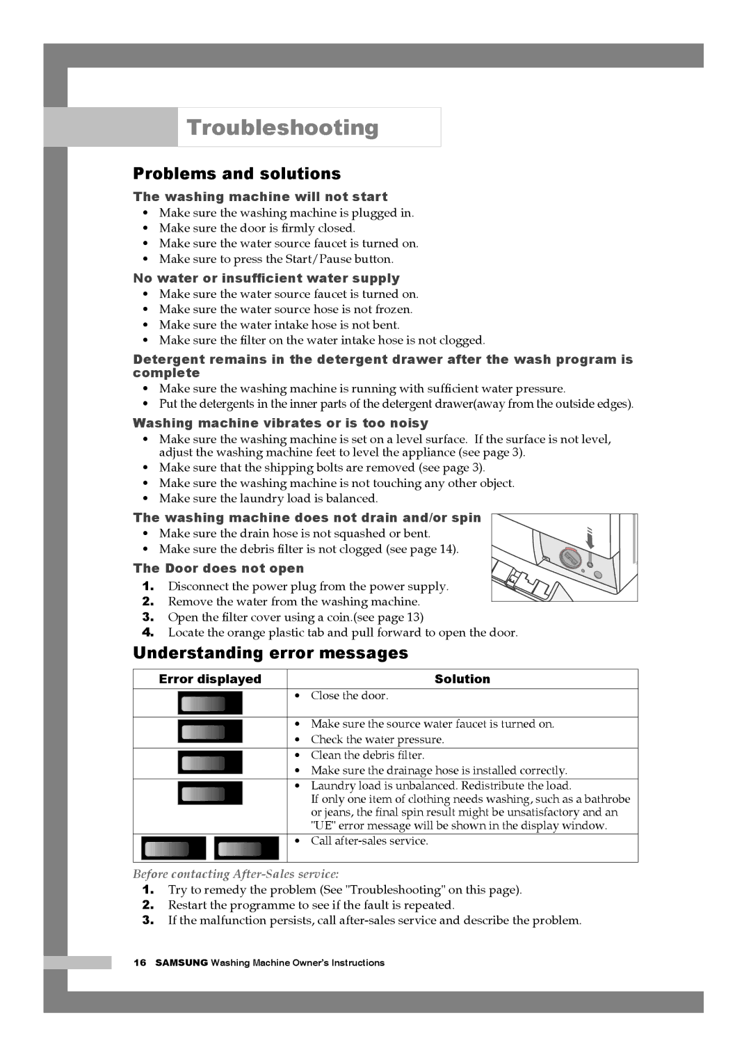 Samsung Q1457ATGW1/YLE, Q1457ATGW/XEE, Q1457ATGW/YLE Troubleshooting, Problems and solutions, Understanding error messages 