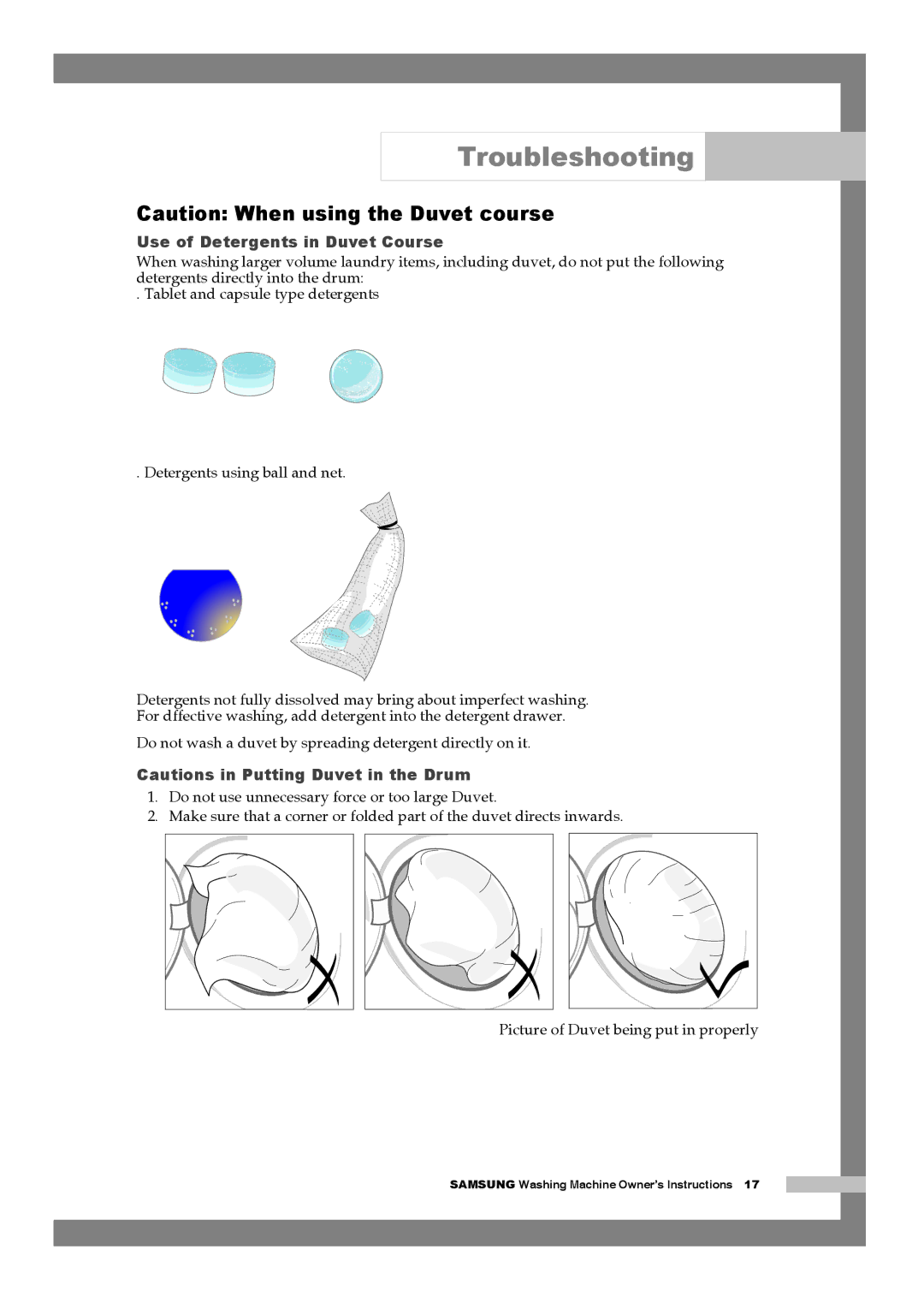 Samsung Q1457ATGW1/XEH, Q1457ATGW/XEE, Q1457ATGW/YLE, Q1457ATGW/XEH, Q1457ATGW1/YLE manual Use of Detergents in Duvet Course 