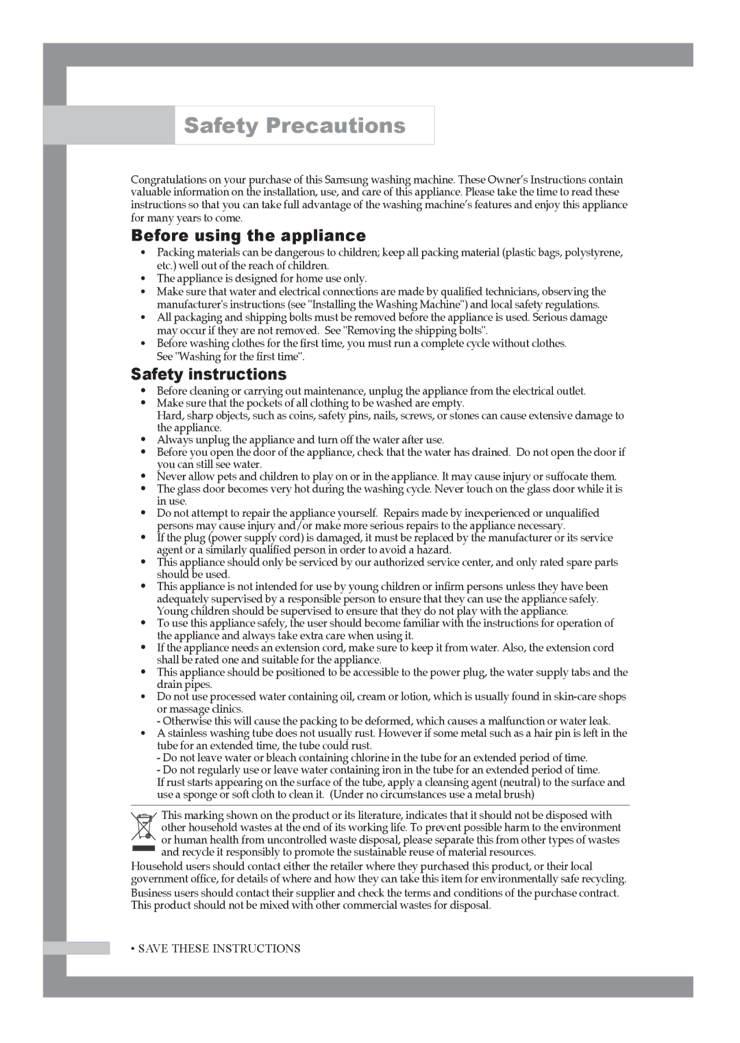 Samsung Q1457ATGW/XEH, Q1457ATGW/XEE, Q1457ATGW/YLE Safety Precautions, Before using the appliance, Safety instructions 