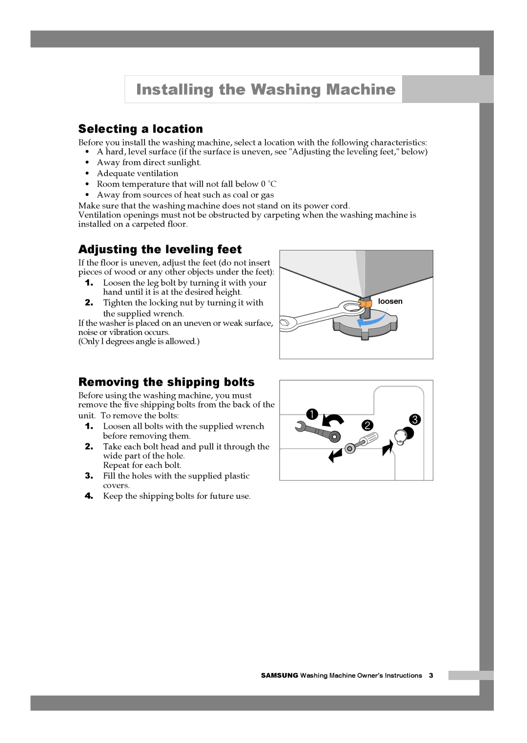 Samsung Q1457ATGW/XEE, Q1457ATGW/YLE manual Selecting a location, Adjusting the leveling feet, Removing the shipping bolts 