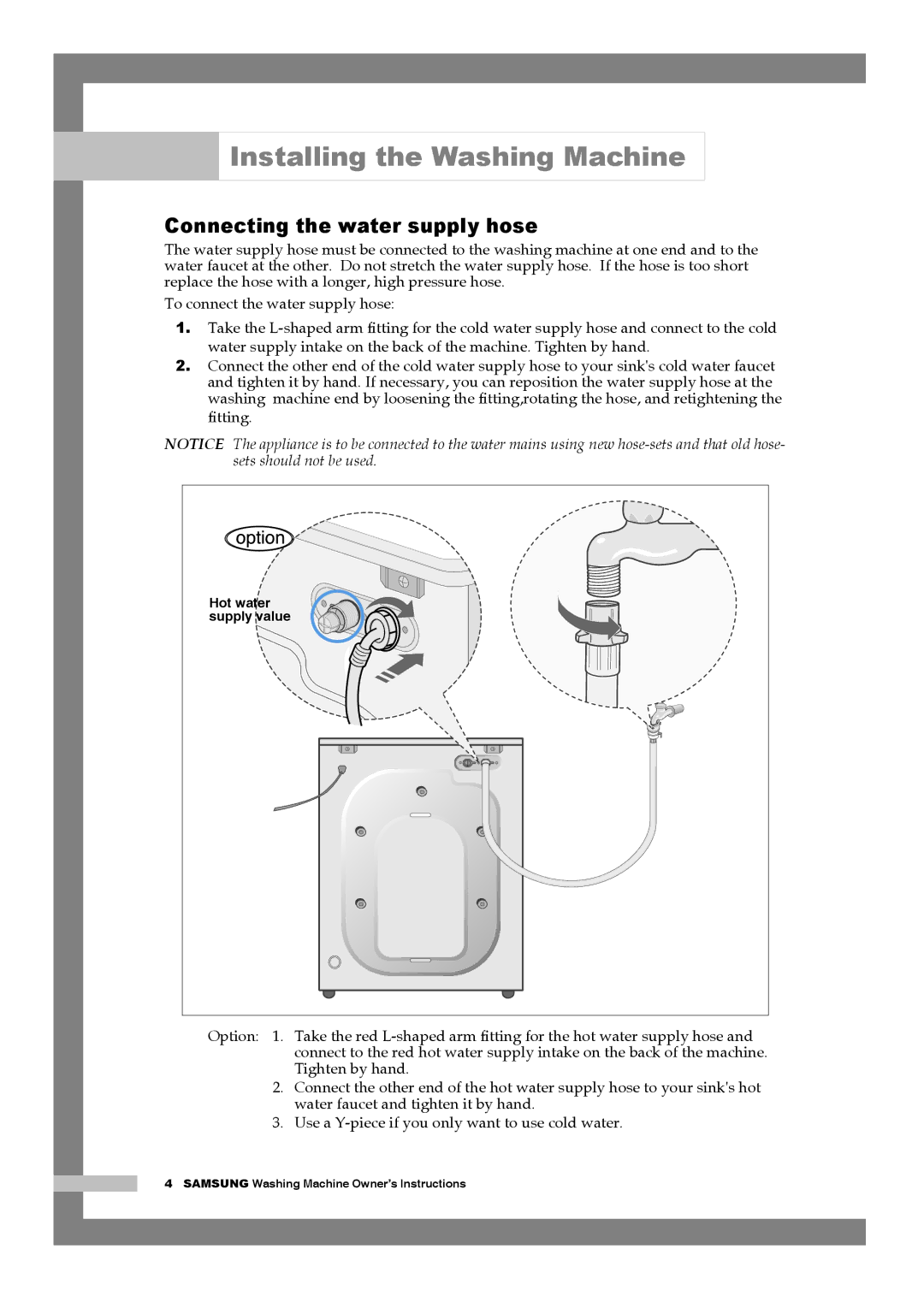 Samsung Q1457ATGW/YLE, Q1457ATGW/XEE, Q1457ATGW/XEH, Q1457ATGW1/YLE, Q1457ATGW1/XEH manual Connecting the water supply hose 