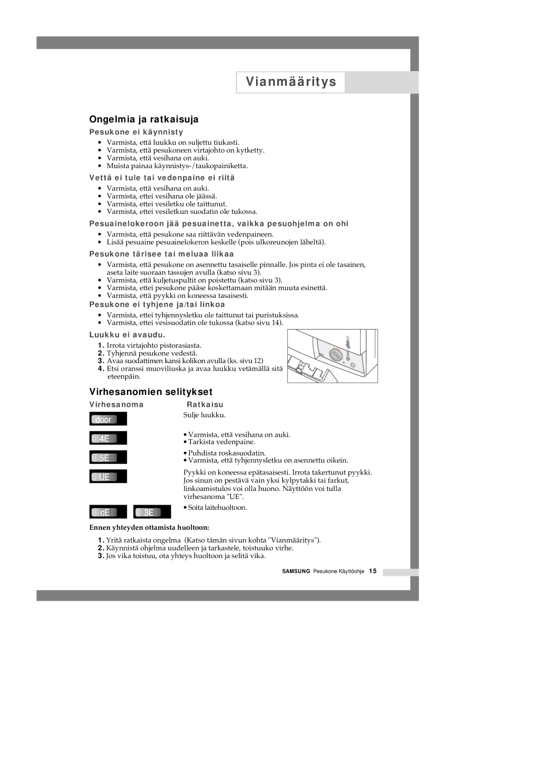 Samsung Q1657ATGW/XEE Vianmääritys, Ongelmia ja ratkaisuja, Virhesanomien selitykset, Ennen yhteyden ottamista huoltoon 