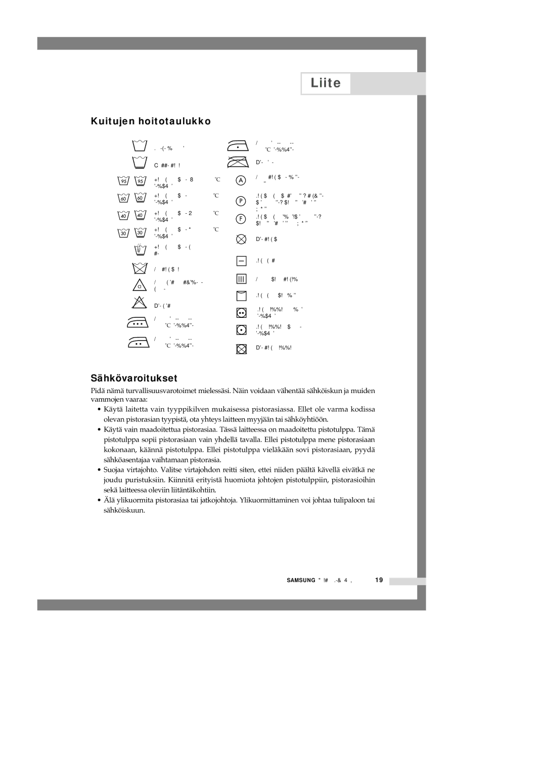 Samsung Q1457ATGW/XEE, Q1657ATGW1/XEE, Q1657ATGW/XEE manual Liite, Kuitujen hoitotaulukko, Sähkövaroitukset 