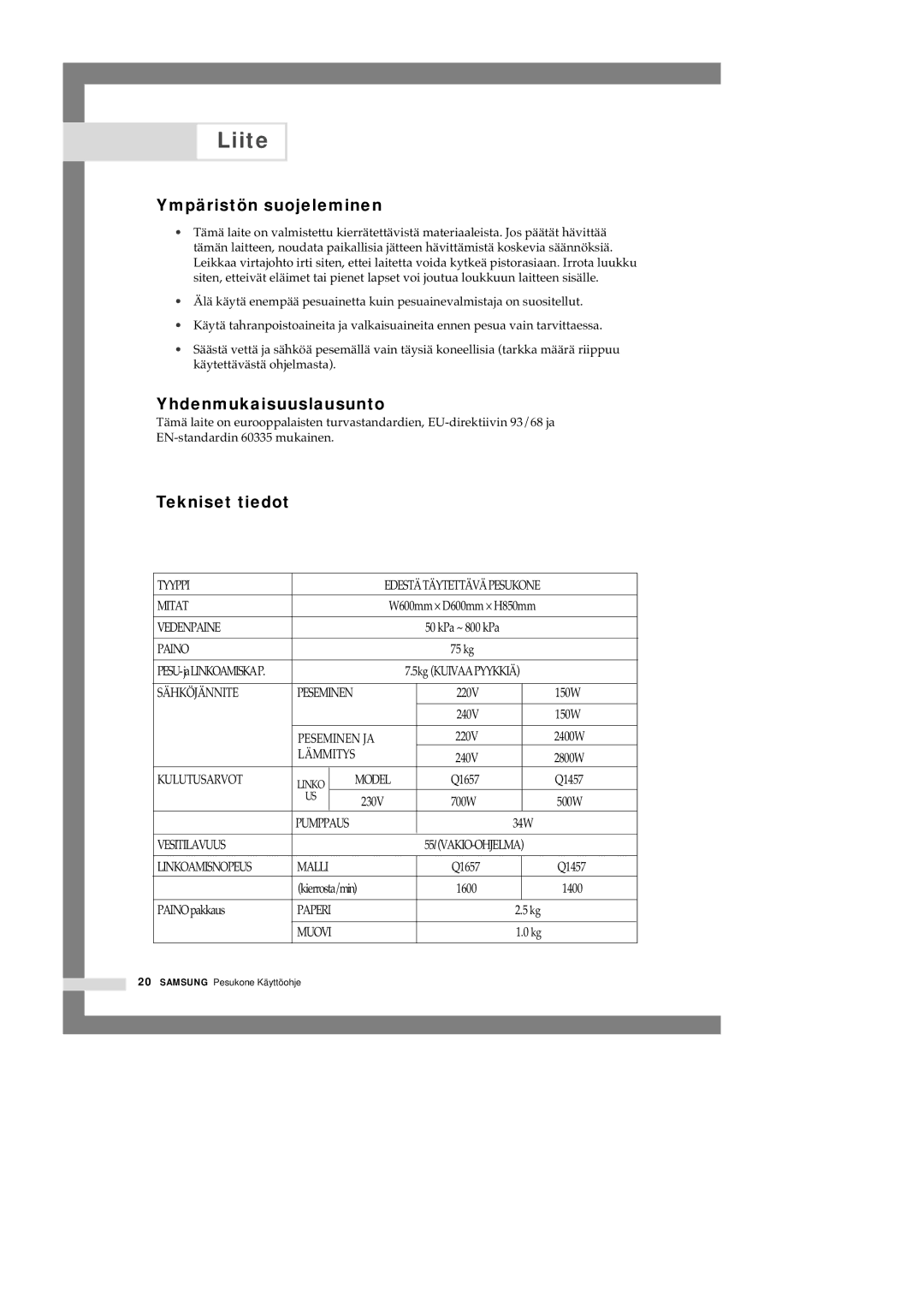 Samsung Q1657ATGW1/XEE, Q1457ATGW/XEE, Q1657ATGW/XEE manual Ympäristön suojeleminen, Yhdenmukaisuuslausunto, Tekniset tiedot 