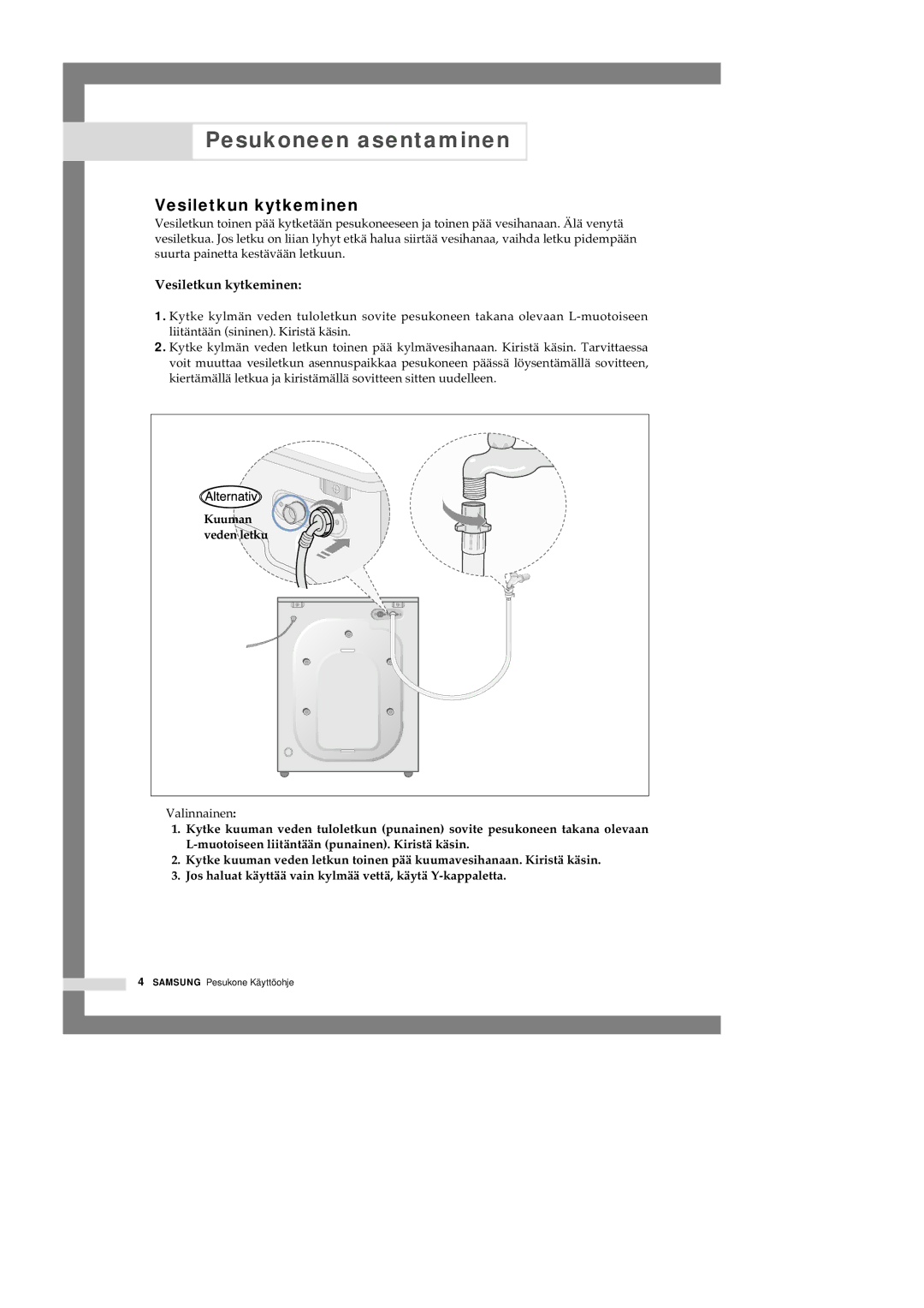 Samsung Q1457ATGW/XEE, Q1657ATGW1/XEE, Q1657ATGW/XEE manual Vesiletkun kytkeminen 