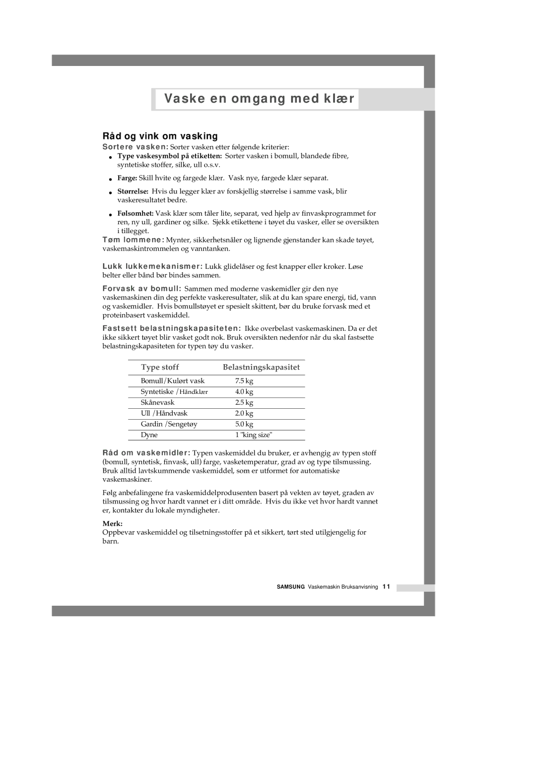 Samsung Q1657ATGW1/XEE, Q1457ATGW/XEE, Q1657ATGW/XEE manual Råd og vink om vasking, Merk 