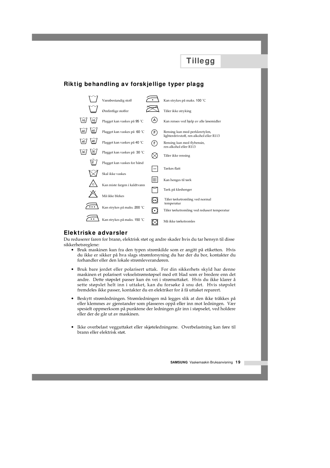 Samsung Q1457ATGW/XEE, Q1657ATGW1/XEE manual Tillegg, Riktig behandling av forskjellige typer plagg, Elektriske advarsler 