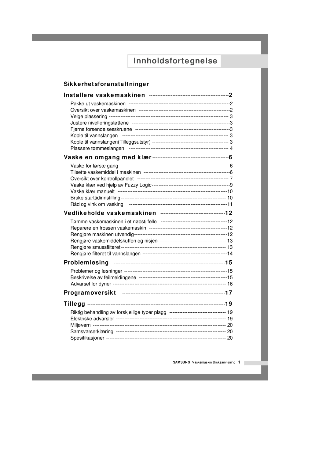 Samsung Q1457ATGW/XEE, Q1657ATGW1/XEE, Q1657ATGW/XEE manual Innholdsfortegnelse, Sikkerhetsforanstaltninger 