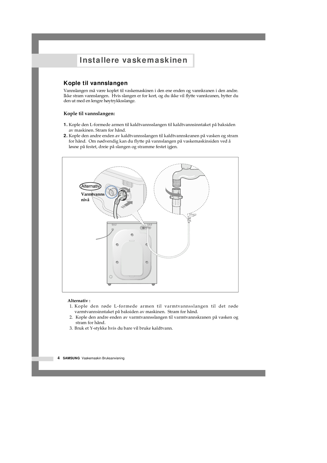 Samsung Q1457ATGW/XEE, Q1657ATGW1/XEE, Q1657ATGW/XEE manual Kople til vannslangen, Varmtvanns nivå Alternativ 