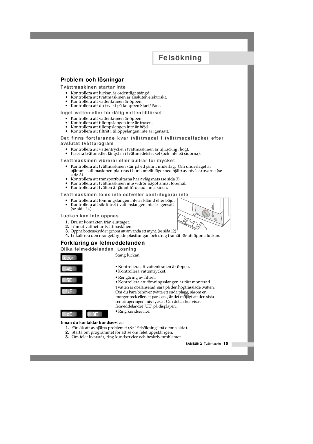 Samsung Q1657ATGW/XEE, Q1457ATGW/XEE, Q1657ATGW1/XEE manual Felsökning, Problem och lösningar, Förklaring av felmeddelanden 