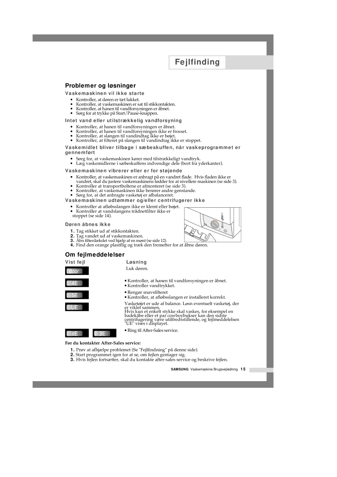 Samsung Q1657ATGW/XEE manual Fejlfinding, Problemer og løsninger, Om fejlmeddelelser, Før du kontakter After-Sales service 