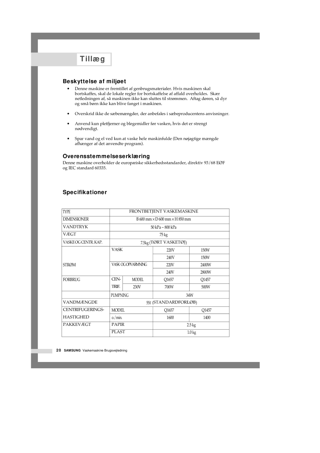 Samsung Q1657ATGW1/XEE, Q1457ATGW/XEE, Q1657ATGW/XEE Beskyttelse af miljøet, Overensstemmelseserklæring, Specifikationer 