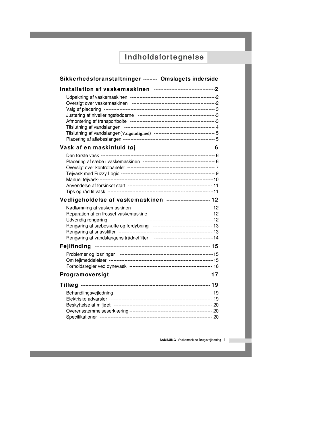 Samsung Q1457ATGW/XEE, Q1657ATGW1/XEE, Q1657ATGW/XEE Indholdsfortegnelse, Sikkerhedsforanstaltninger Omslagets inderside 