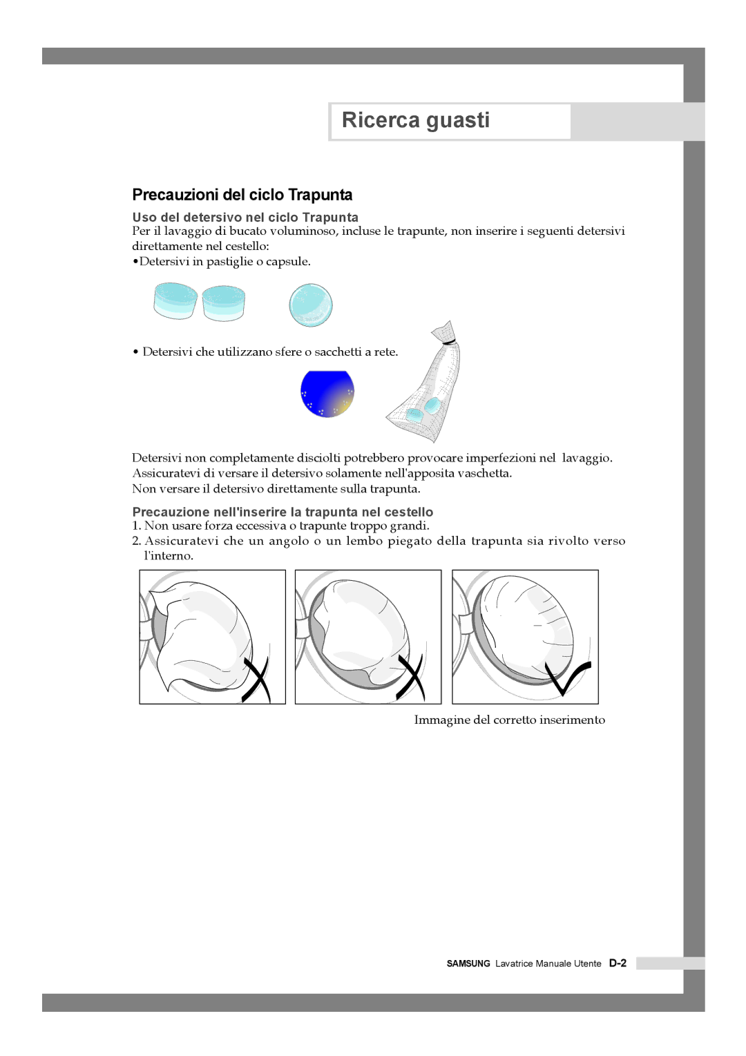 Samsung Q1457ATGW1/XET, Q1457ATGW/XET manual Precauzioni del ciclo Trapunta, Uso del detersivo nel ciclo Trapunta 