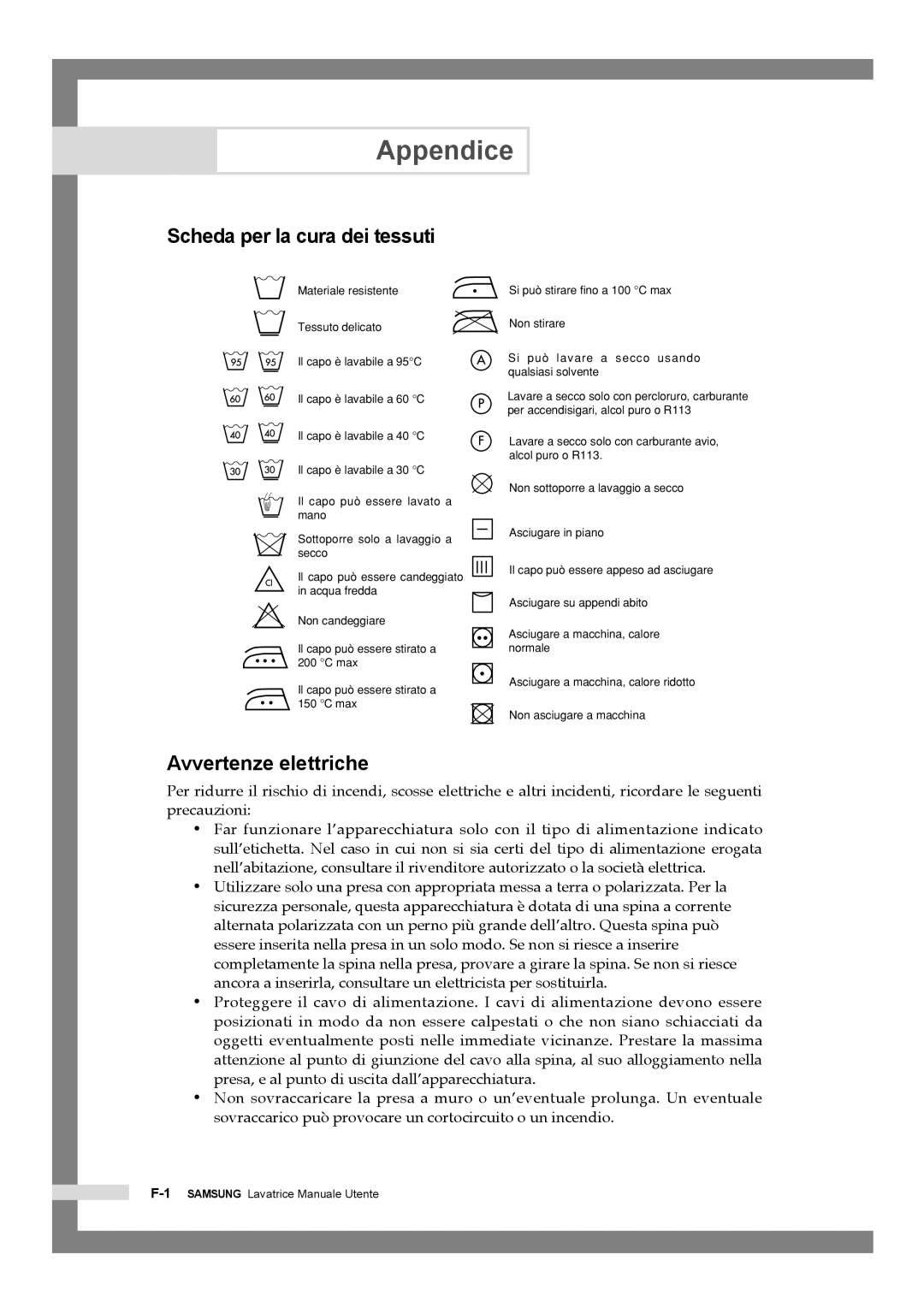 Samsung Q1457ATGW/XET, Q1457ATGW1/XET manual Appendice, Scheda per la cura dei tessuti, Avvertenze elettriche 