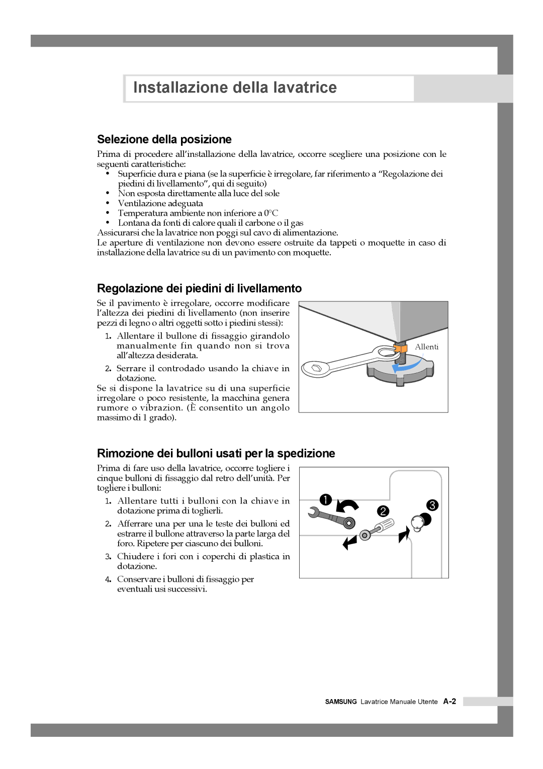 Samsung Q1457ATGW1/XET, Q1457ATGW/XET manual Selezione della posizione, Regolazione dei piedini di livellamento 