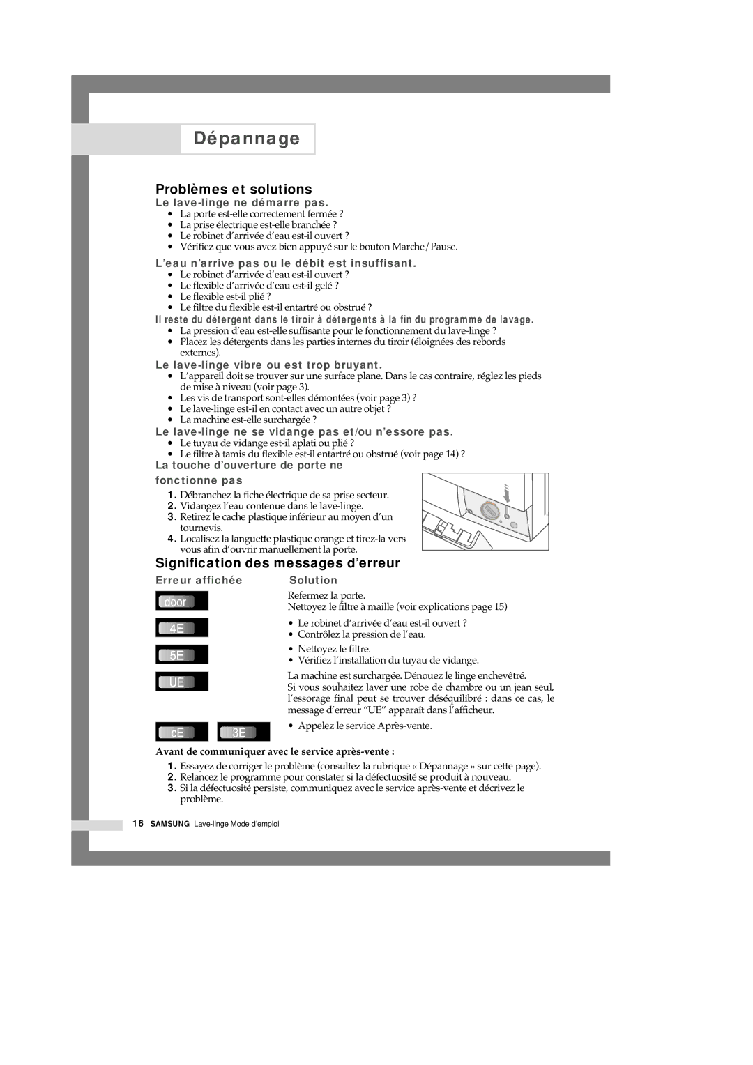 Samsung Q1457VGW/XEF manual Dépannage, Problèmes et solutions, Signification des messages d’erreur 