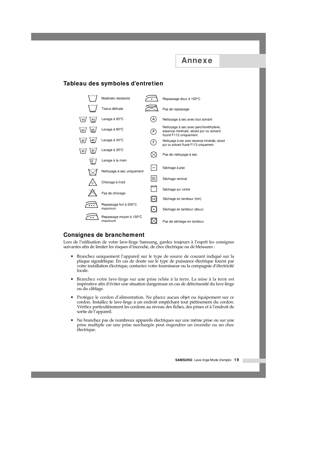 Samsung Q1457VGW/XEF manual Annexe, Tableau des symboles d’entretien, Consignes de branchement 