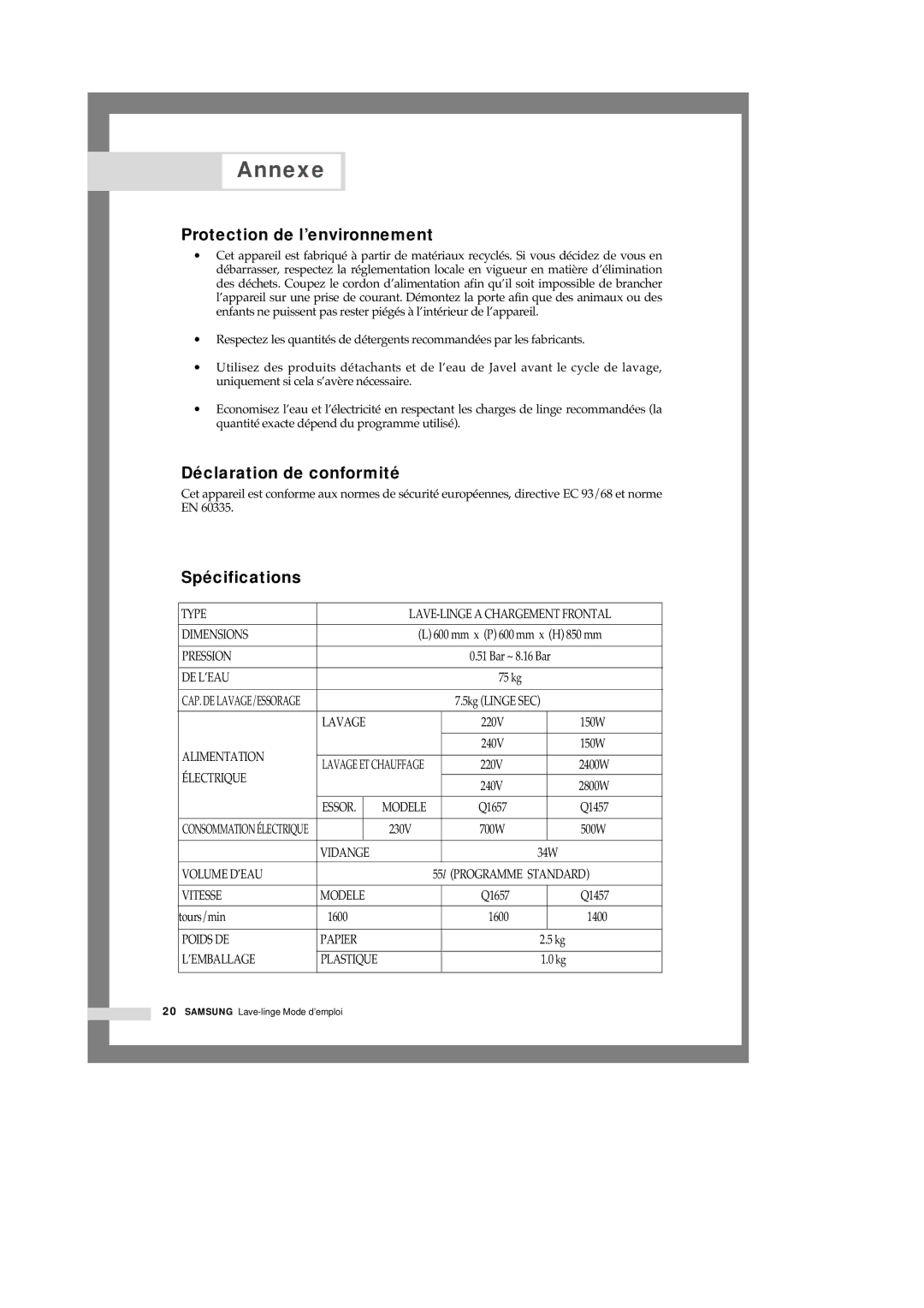 Samsung Q1457VGW/XEF manual Protection de l’environnement, Déclaration de conformité, Spécifications 