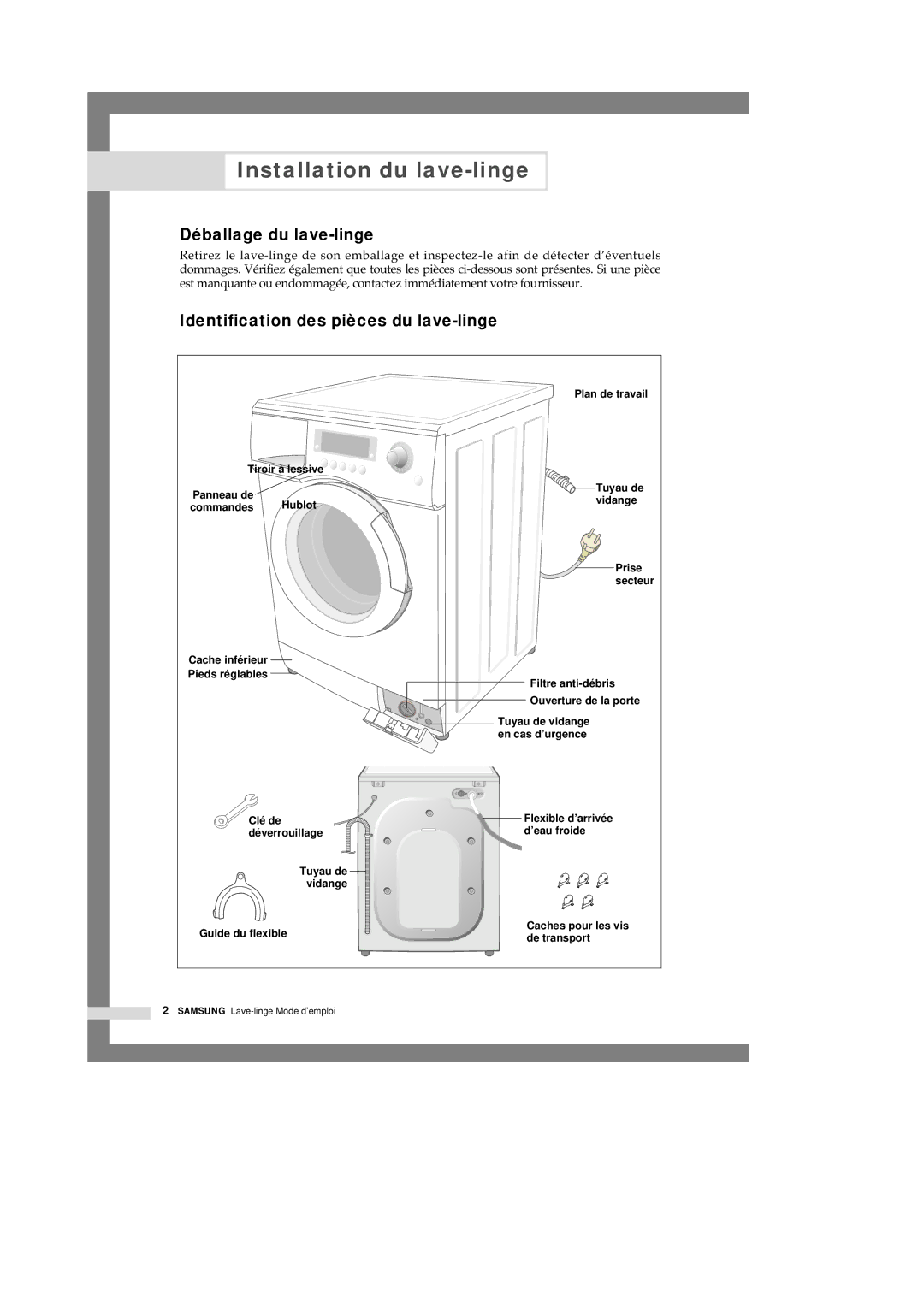 Samsung Q1457VGW/XEF manual Installation du lave-linge, Déballage du lave-linge, Identification des pièces du lave-linge 