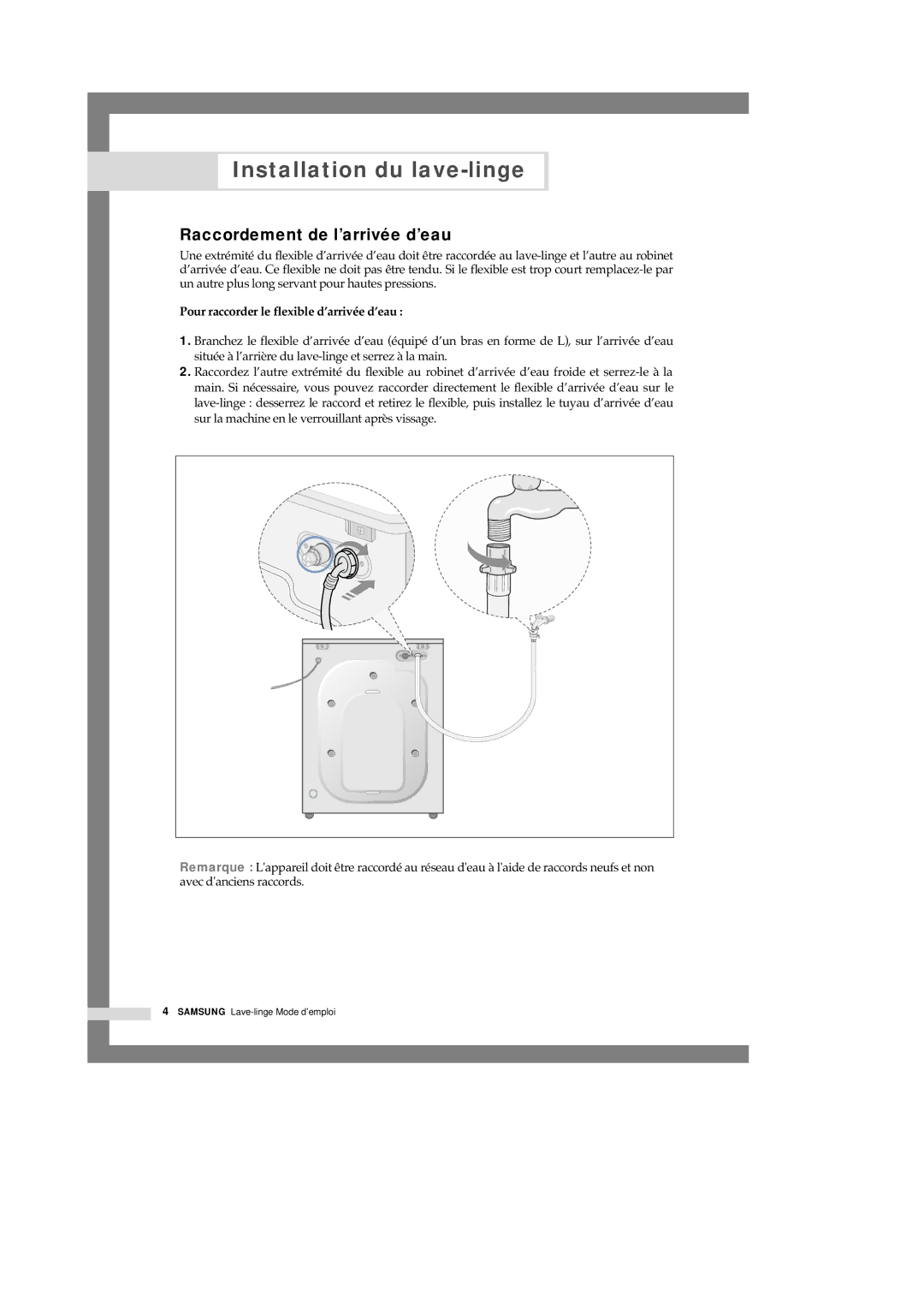 Samsung Q1457VGW/XEF manual Raccordement de l’arrivée d’eau, Pour raccorder le flexible d’arrivée d’eau 