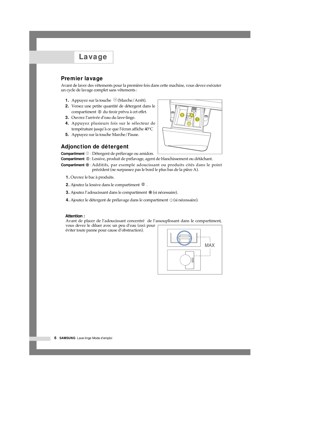 Samsung Q1457VGW/XEF manual Lavage, Premier lavage, Adjonction de détergent 