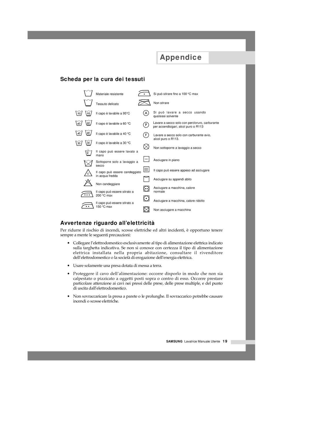 Samsung Q1457VGW1/XET, Q1457VGW/XET manual Appendice, Scheda per la cura dei tessuti, Avvertenze riguardo all’elettricità 