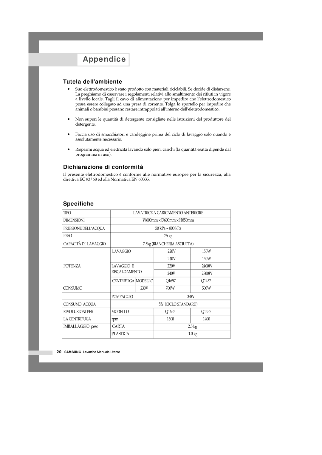 Samsung Q1457VGW/XET, Q1457VGW1/XET manual Tutela dell’ambiente, Dichiarazione di conformità, Specifiche 