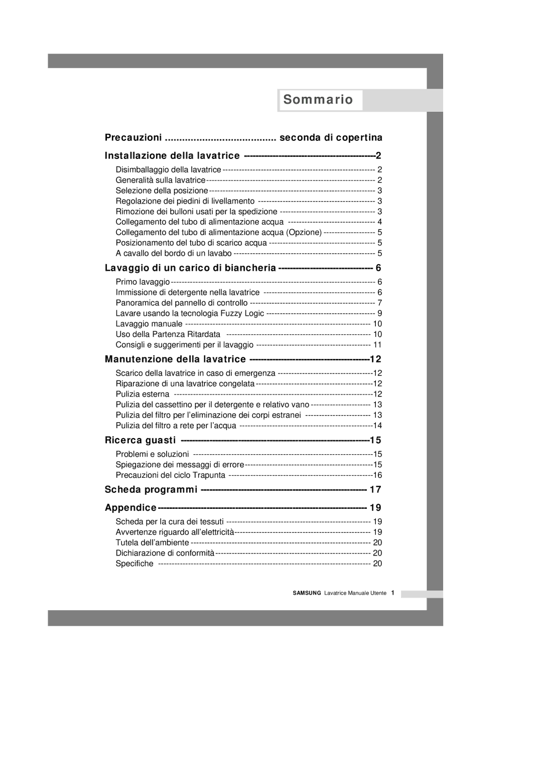 Samsung Q1457VGW1/XET, Q1457VGW/XET manual Sommario, Precauzioni Seconda di copertina 