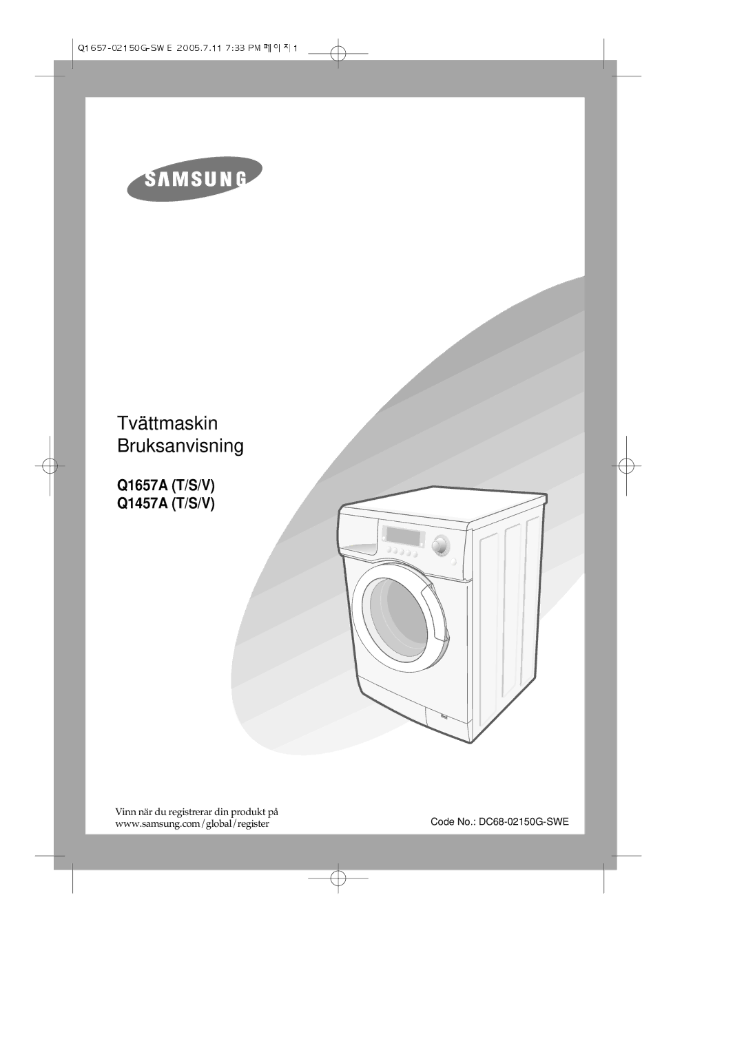 Samsung Q1657ATGW/XEE, Q1657ATGW1/XEE manual Tvättmaskin Bruksanvisning 